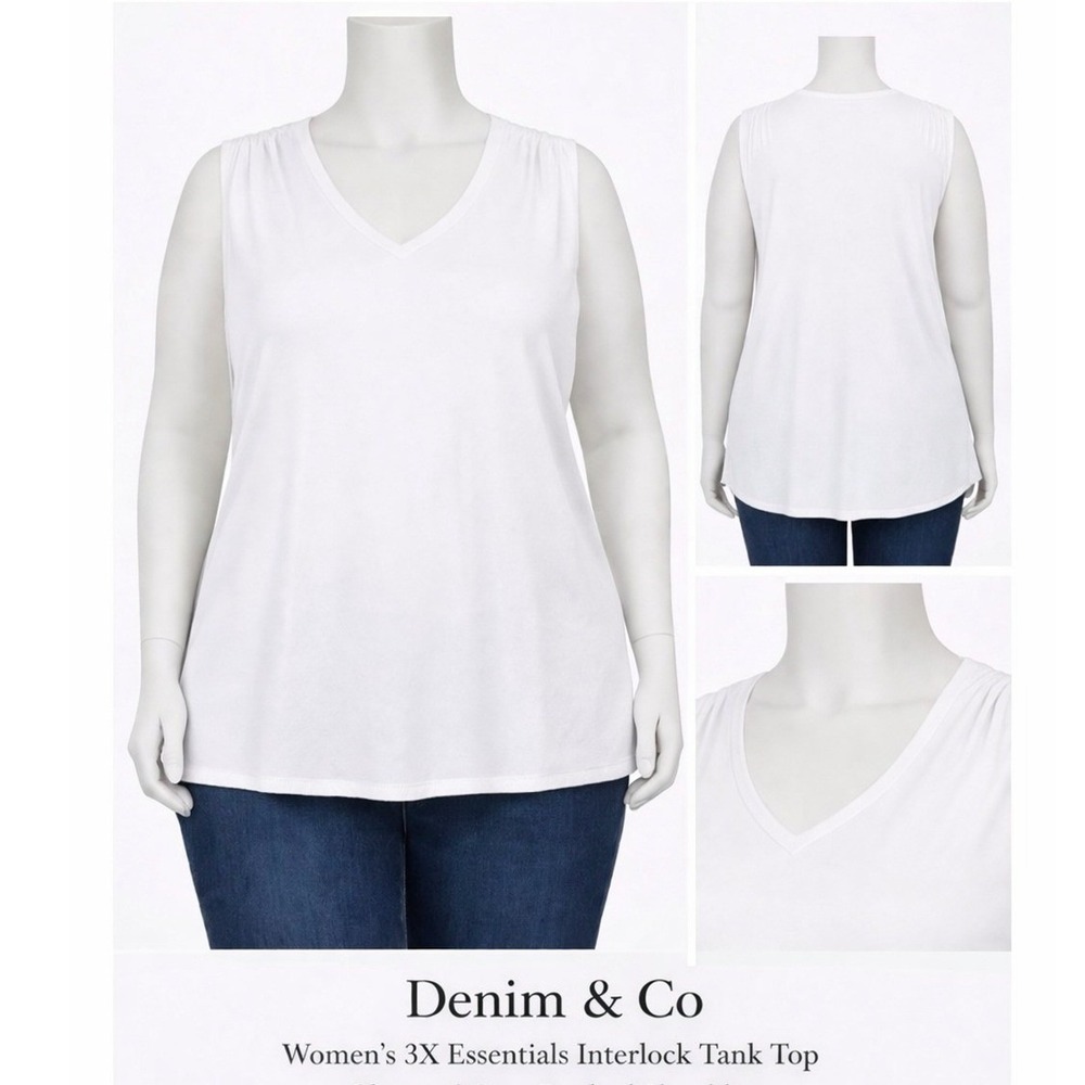 Denim & Co Womens 3X Essentials Interlock Tank Top White Ruched A396480‎